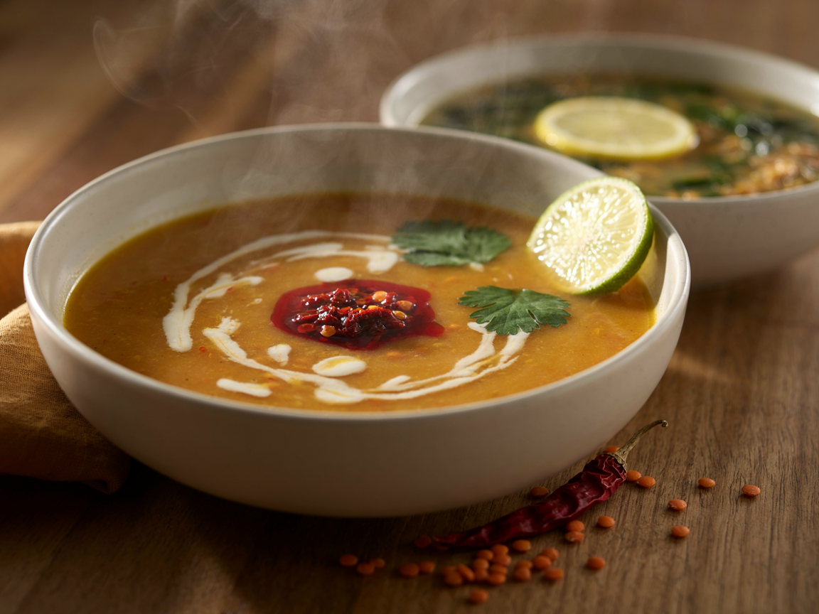 Close-up of a bowl of silky golden-orange coconut red lentil soup with a swirl of coconut milk, a spoonful of chili crisp, fresh cilantro and a lime wedge, steam rising, a second bowl of brothy lentil and spinach soup with lemon blurred behind