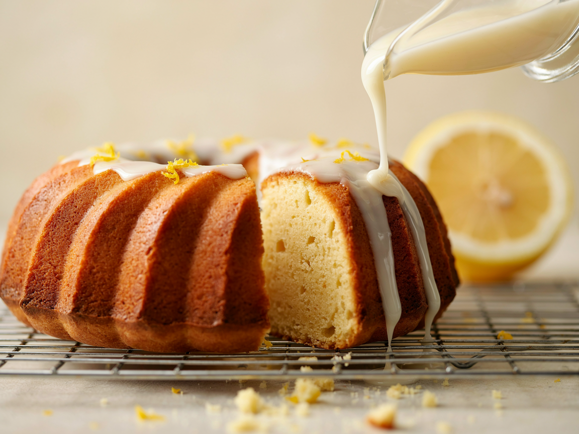 Close-up of white sugar free lemon glaze being poured over a cooled lemon bundt cake, the glaze running into the ridges, flecks of lemon zest on top, a wedge cut away showing the tender yellow crumb