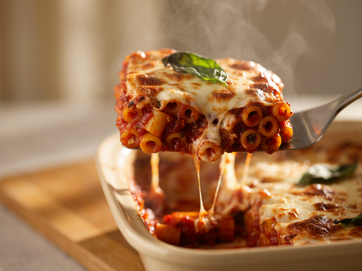 Close-up of a square of baked ziti being lifted from the pan with a long stretch of melted mozzarella and provolone, red sauce clinging to the ziti tubes, blistered golden parmesan on top and a basil leaf