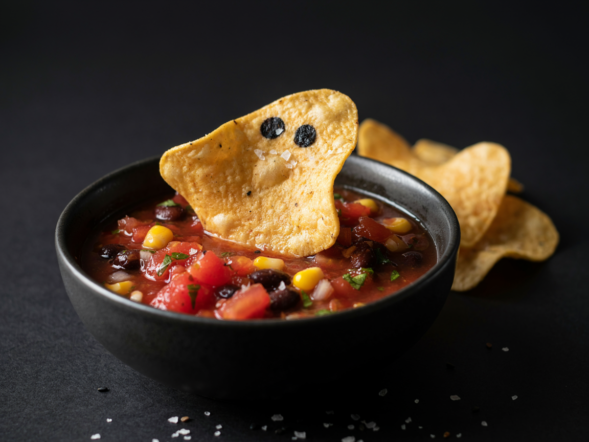 Macro close-up of a crisp golden baked ghost tortilla chip with two black sesame seed eyes and flakes of salt, half dipped into chunky red salsa with black beans and corn, more ghost chips blurred behind on a dark plate