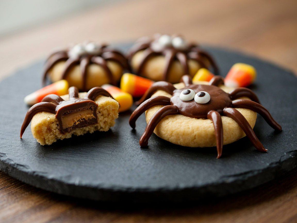 Close-up of a spider cookie with a chocolate peanut butter cup body, eight piped chocolate legs and candy eyes, with a cookie broken in half showing the chewy peanut butter crumb