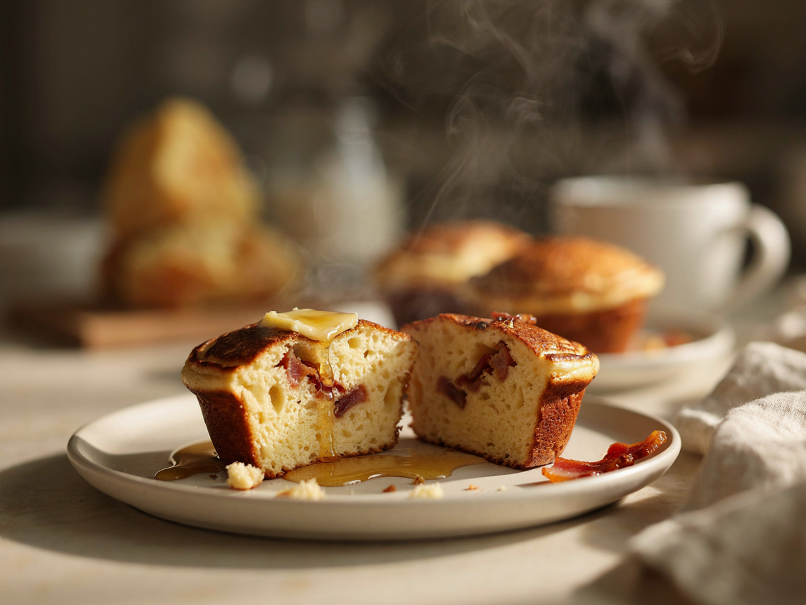 A maple bacon pancake muffin split open on a white plate showing a fluffy pancake crumb with bacon pieces, maple syrup pooling on the plate and butter melting on top