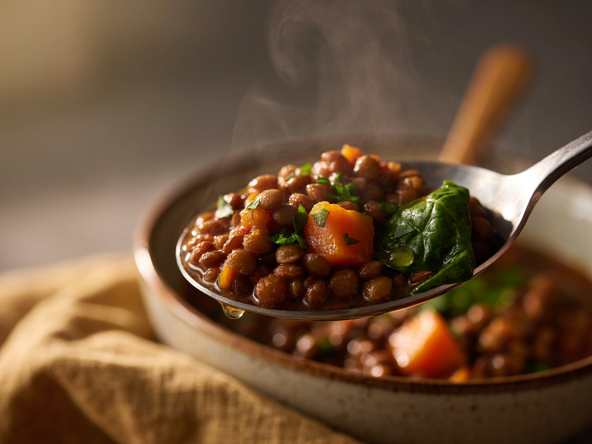 Extreme close-up of a spoonful of thick lentil soup: whole brown lentils, creamy melted red lentils, a cube of orange sweet potato and a leaf of wilted spinach in a glossy spiced tomato broth, flecks of parsley, steam rising