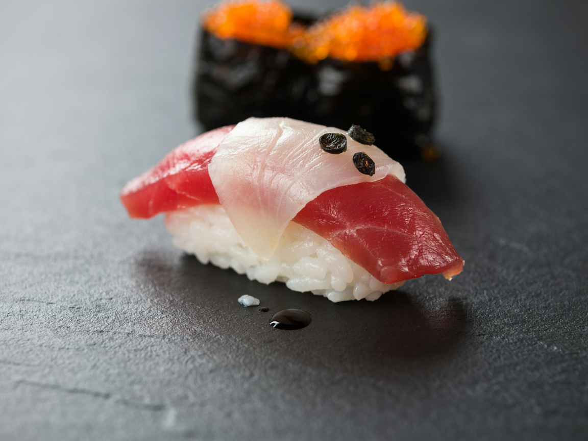 Extreme close-up of a single nigiri on black slate: an oval of white sushi rice topped with a slice of red tuna and a translucent paper-thin white daikon ghost draped over it, two tiny nori eyes and an oval nori mouth, a black squid ink roll with orange tobiko blurred behind, soft directional light, shallow depth of field
