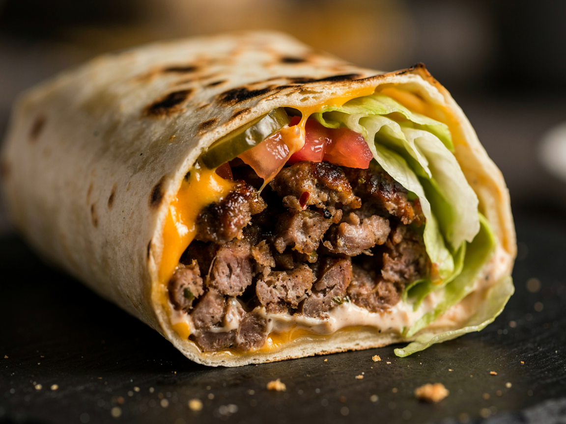 Extreme close-up of the cut face of a cheeseburger burrito: crumbled seasoned beef, molten cheddar stretching, pickle slices, diced tomato and crisp shredded lettuce with creamy burger sauce, inside a blistered golden tortilla
