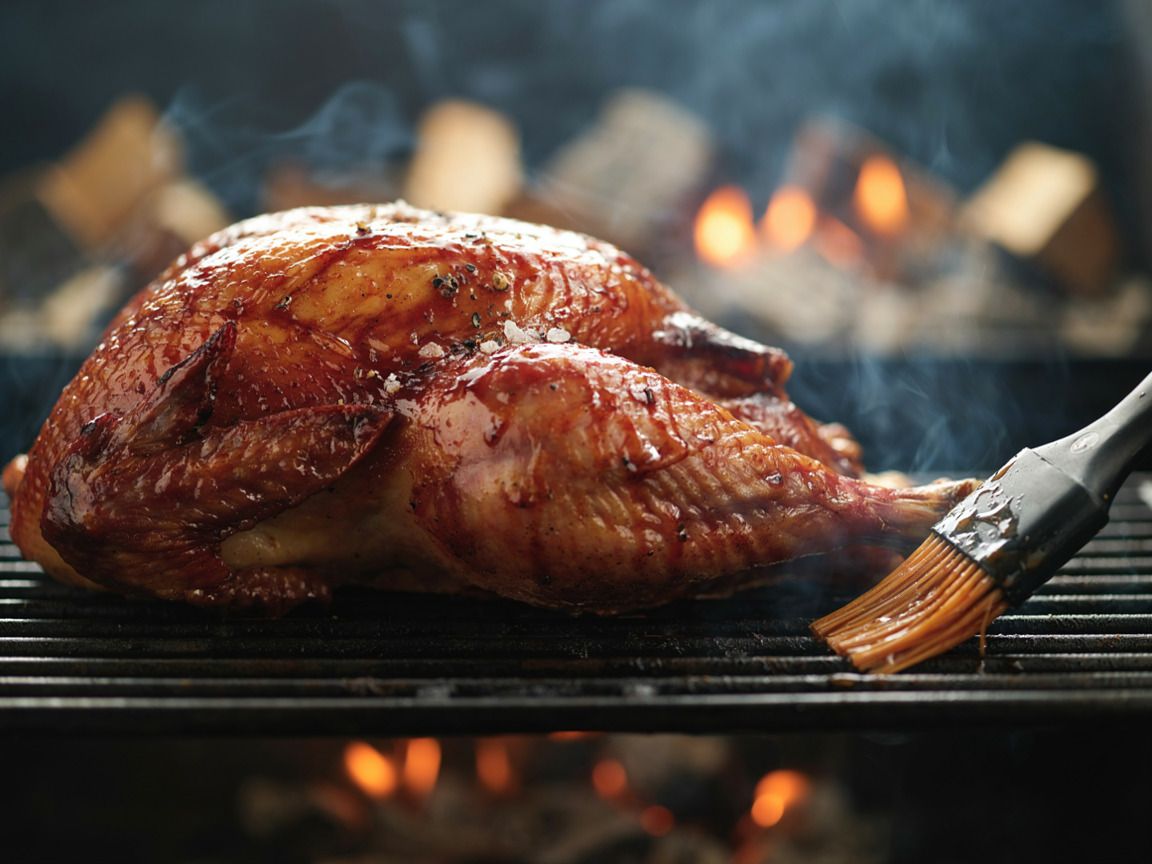 Close-up of a whole turkey on a smoker grate with deep mahogany, crackling skin glistening with sticky maple glaze, a silicone brush resting on the edge of the grate, thin wisps of smoke and glowing apple wood chunks in the background