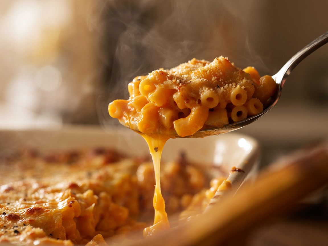 Close-up of a spoonful of baked mac and cheese lifted from the dish with a thick stretch of melted cheddar and Monterey Jack pulling down to the pan, creamy orange sauce coating every elbow, golden crispy bits of cheese from the top