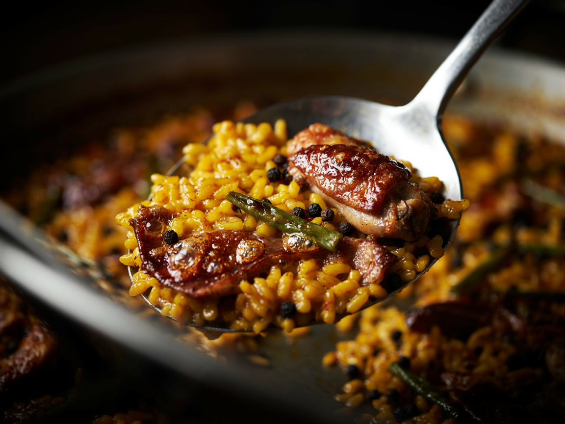 Close-up of a spoon lifting a portion of Spanish paella from the pan showing the socarrat, the toasted caramelized crust of saffron rice on the bottom, with a piece of chicken and green beans