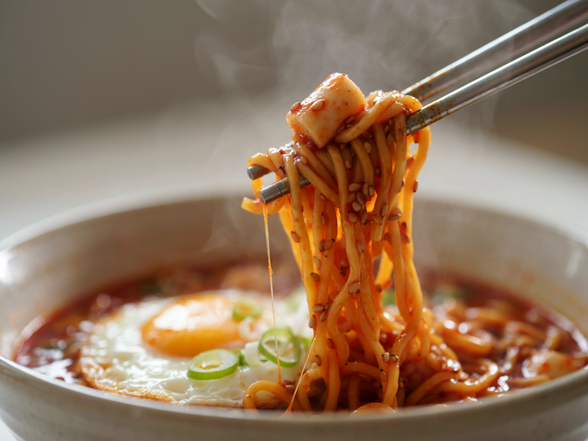 Close-up of chopsticks lifting a tangle of ramen noodles and a rice cake coated in glossy gochujang sauce with strings of melted mozzarella stretching from a bowl topped with a fried egg and scallions