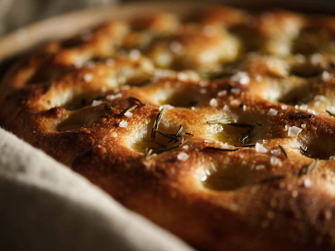 Close-up of baked focaccia dimples glistening with olive oil, roasted rosemary leaves and flakes of sea salt on a golden bubbly crust