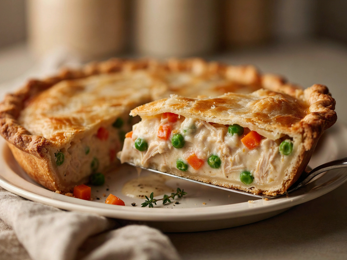 Close-up of a slice of double-crust chicken pot pie lifted from the pie plate, thick creamy filling with chicken, peas and carrots holding its shape under a flaky golden crust