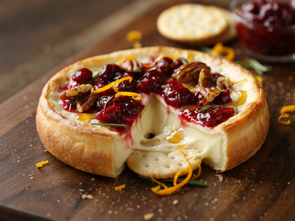 Close-up of a baked brie wheel with a wedge cut out, molten white cheese flowing from under a glossy red cranberry and toasted pecan topping, a drizzle of honey, rosemary leaves and orange zest, a cracker dipped into the melted cheese