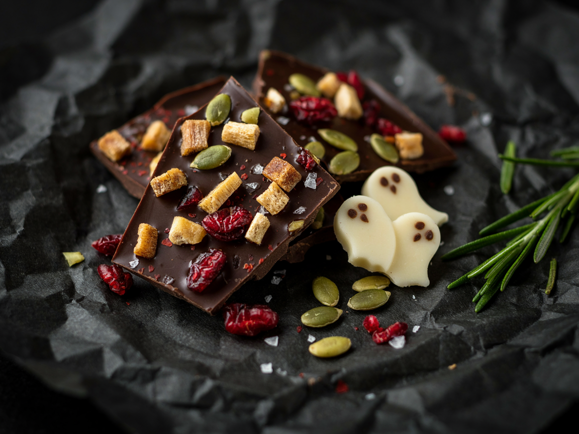Close-up of dark chocolate Halloween bark broken into shards on black parchment, topped with candied ginger, green pepitas, dried cranberries, flaky sea salt and a dusting of chili, beside white chocolate ghost bark with mini chocolate chip eyes