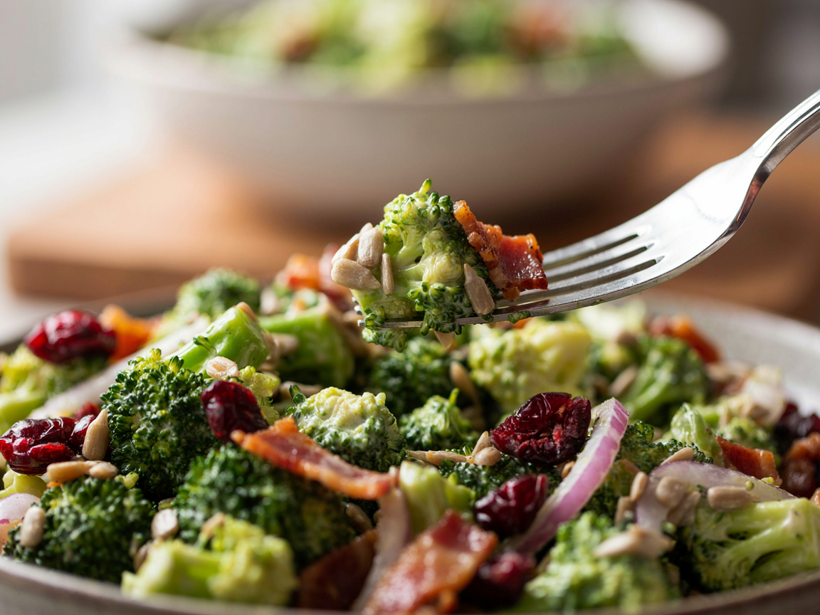 Close-up of broccoli salad showing broccoli florets coated in creamy dressing with bacon pieces, dried cranberries, red onion and sunflower seeds