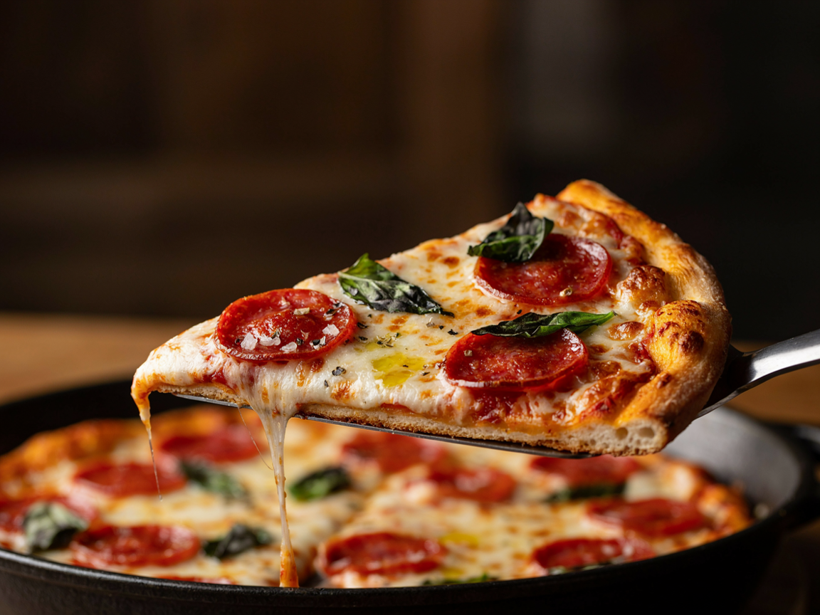 Close-up of a slice of gluten-free pizza lifted from the pie, the crust golden and crisp underneath with a puffed chewy rim, thin tomato sauce, bubbling melted mozzarella, a few slices of beef pepperoni crisped at the edges and torn fresh basil, the slice bending slightly but holding