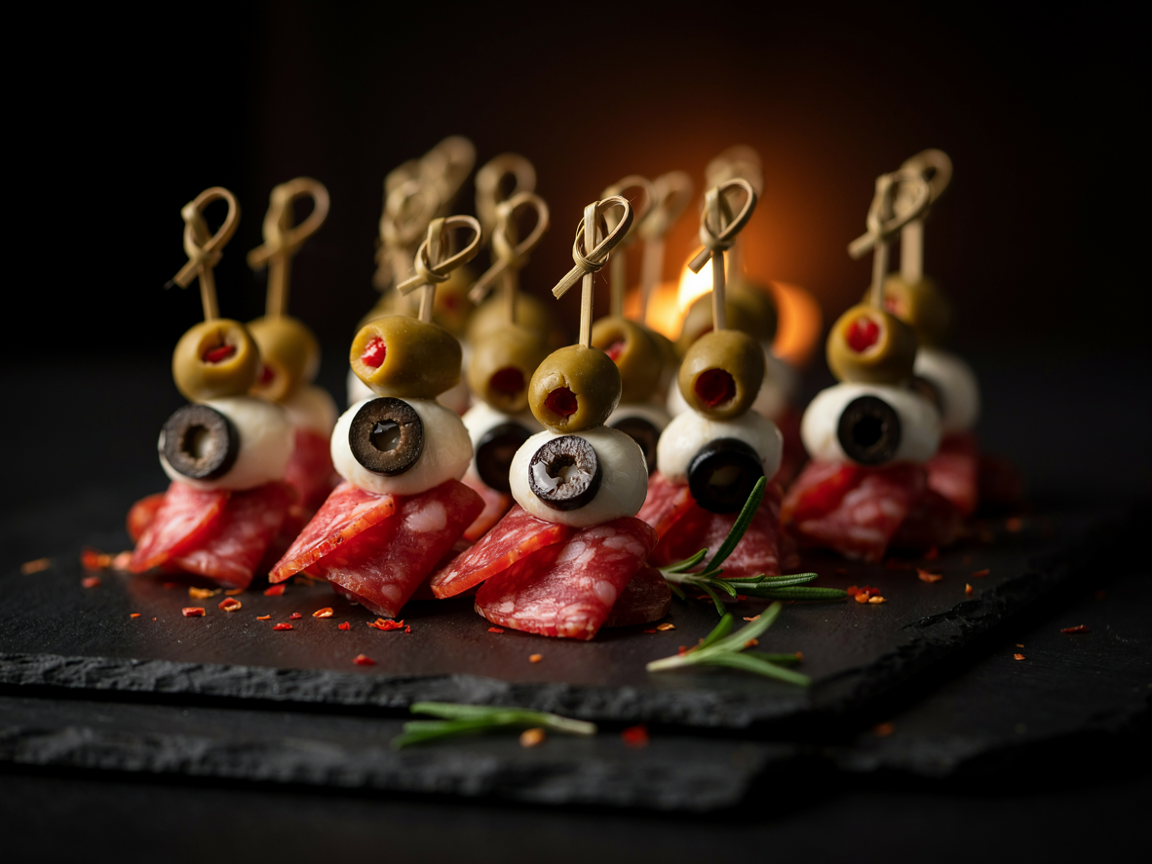 Bamboo knot picks standing upright on a black slate board, each threaded from top to bottom with a pimento-stuffed green olive, a white mozzarella ball with a black olive slice pressed in as the pupil of an eyeball, and folded red salami slices at the base, red chili flakes and rosemary sprigs scattered on the slate, warm candle glow blurred behind