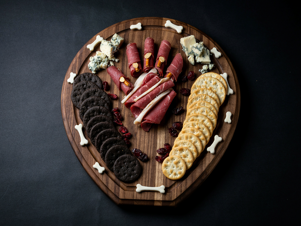 A coffin-shaped dark wooden board seen from above on a moody dark background: in the center a hand-shaped arrangement of rolled deep red bresaola slices with pale turkey strips draped across like bandages, white almond fingernails and pretzel-stick knuckles; black charcoal crackers fanned down the left side, round golden crackers down the right, dried cranberries, blue cheese crumbles and small white cheese bones scattered around