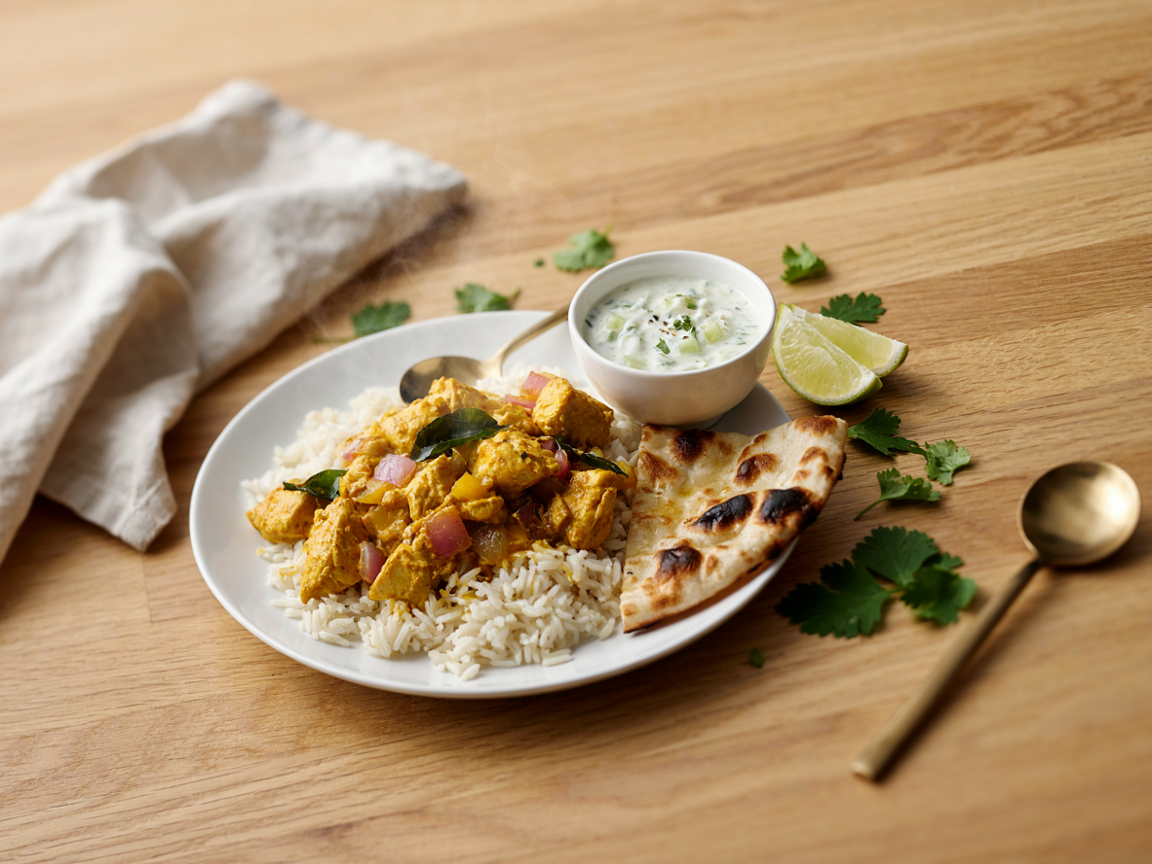 Coconut chicken curry served over basmati rice with warm naan, cucumber yogurt and lime wedges