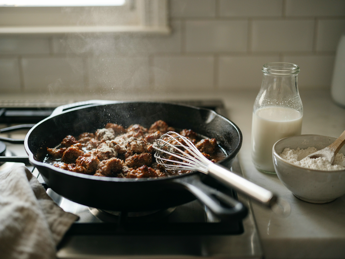 Browned breakfast sausage crumbles in a cast iron skillet on the stove with a whisk, a jug of milk and a bowl of flour beside it