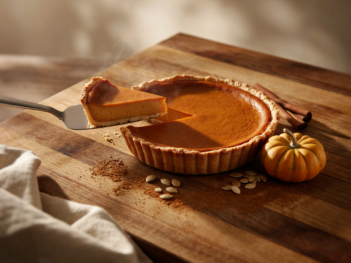 Close-up of a whole baked pumpkin pie in a fluted crust with a smooth, uncracked, glossy deep-orange surface, one slice cut and lifted slightly on a pie server to show the silky set custard and crisp golden bottom crust, cinnamon sticks beside it