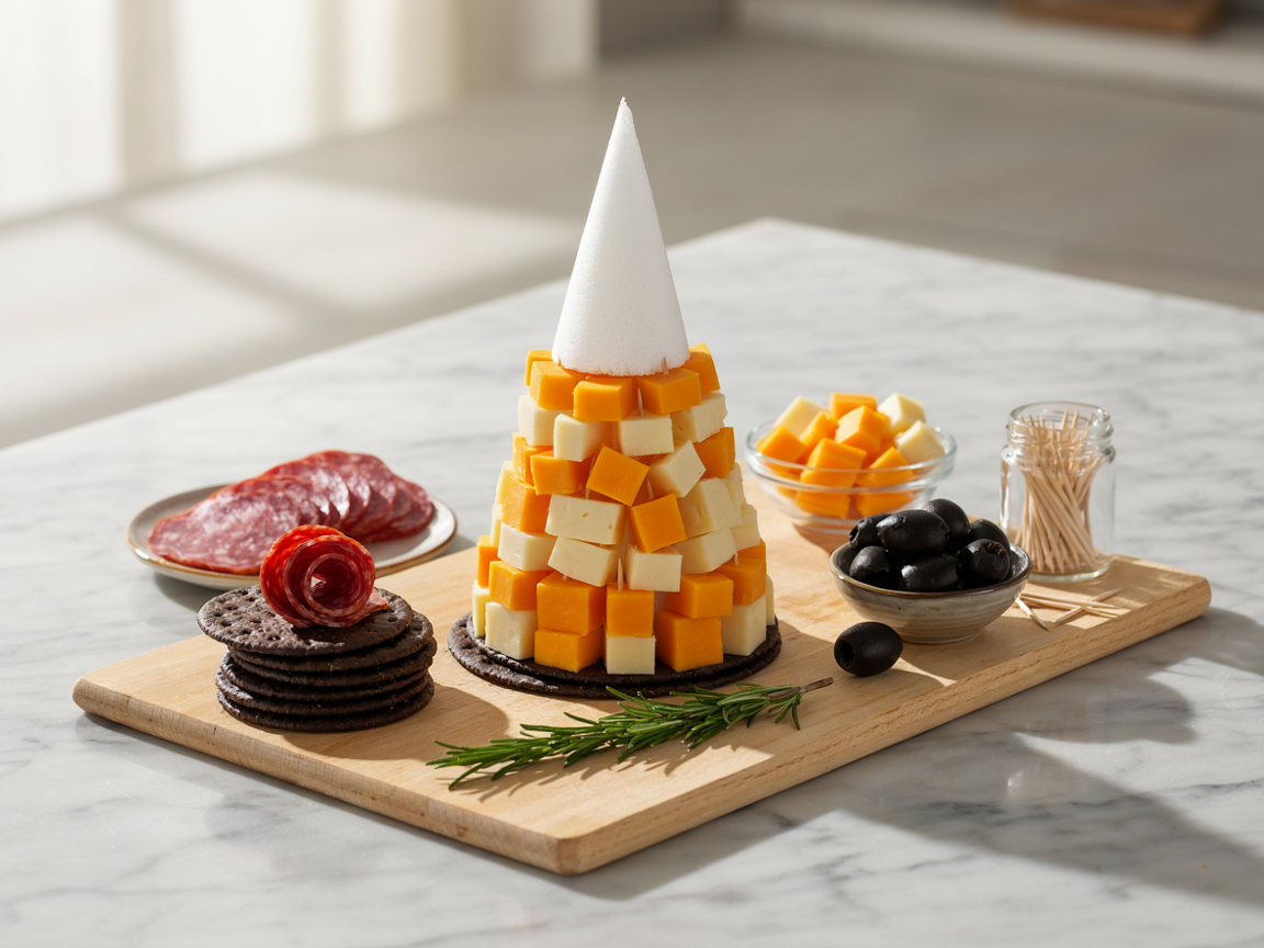 Cheese witch hat being built: cheddar cubes pinned with toothpicks to a wrapped cone, with salami slices, black olives and dark crackers beside it