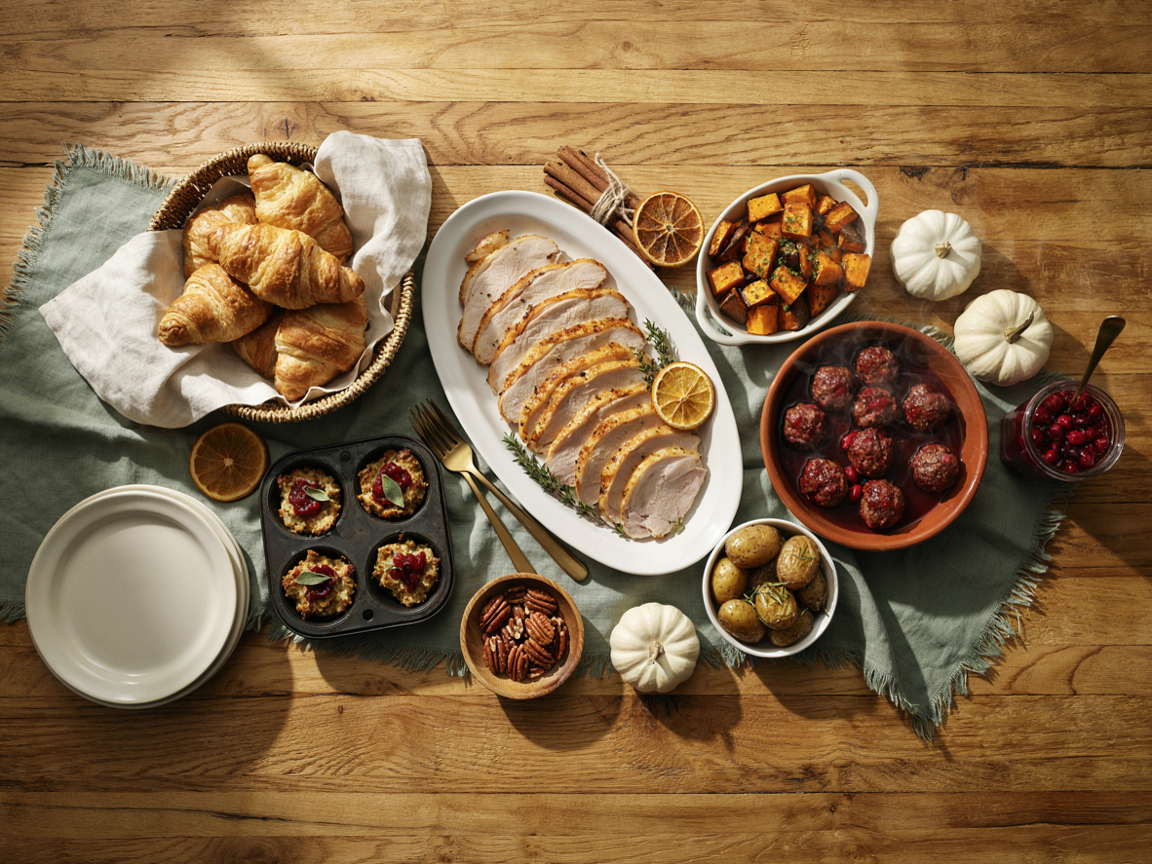 Thanksgiving lunch spread with sliced herb-roasted turkey breast, golden crescent rolls, stuffing cups, cranberry glazed meatballs and roasted potatoes