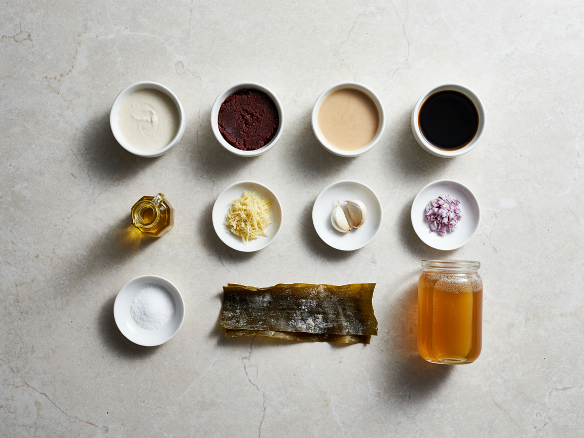 Small bowls of white miso, red miso, tahini, soy sauce, sesame oil, garlic, ginger, kombu and a jar of chicken broth