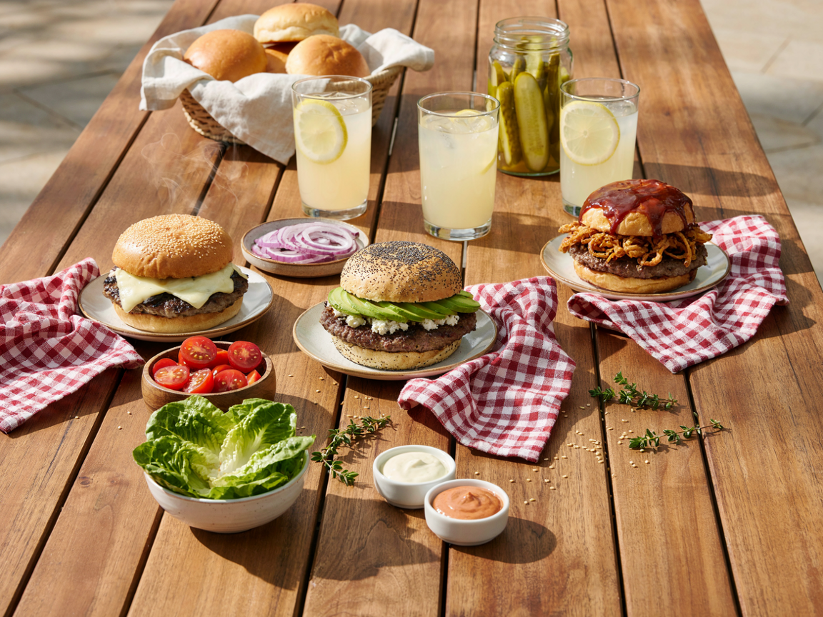 Three grilled turkey burgers topped three ways on a picnic table with lettuce, tomatoes, sauces and glasses of lemonade