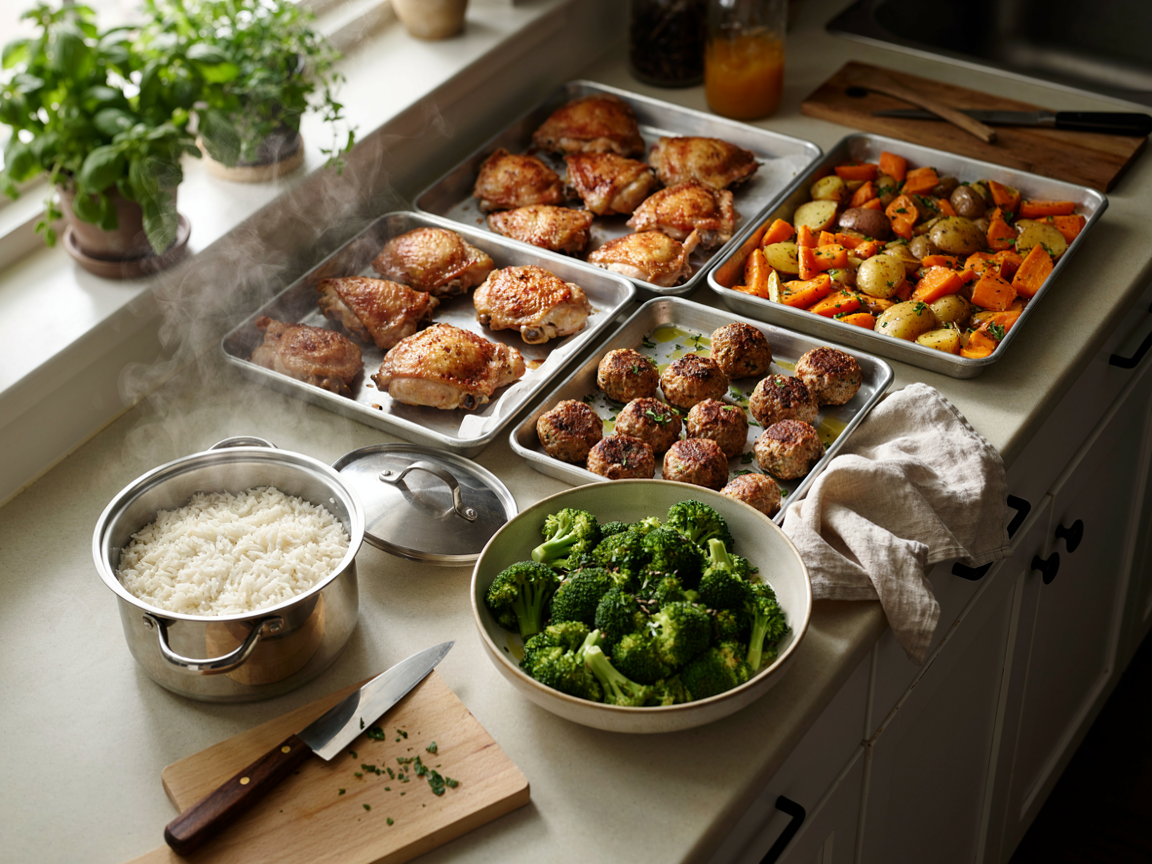 Sheet pans of roasted chicken thighs, sweet potatoes, baby potatoes, carrots and turkey meatballs cooling on a kitchen counter