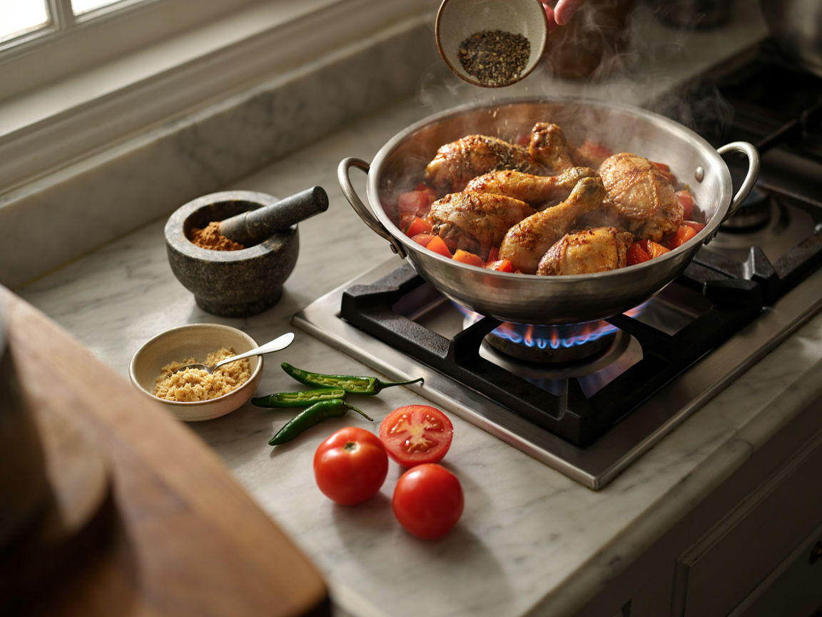 Making chicken karahi on a gas stove with a high flame: a wide steel karahi of sealed bone-in chicken pieces with chopped red tomatoes collapsing around them in ghee, coarsely crushed cumin, coriander and black pepper being sprinkled in from a small bowl, a mortar and pestle, a bowl of ginger-garlic paste, slit green chilies and a pile of ripe tomatoes on a marble counter