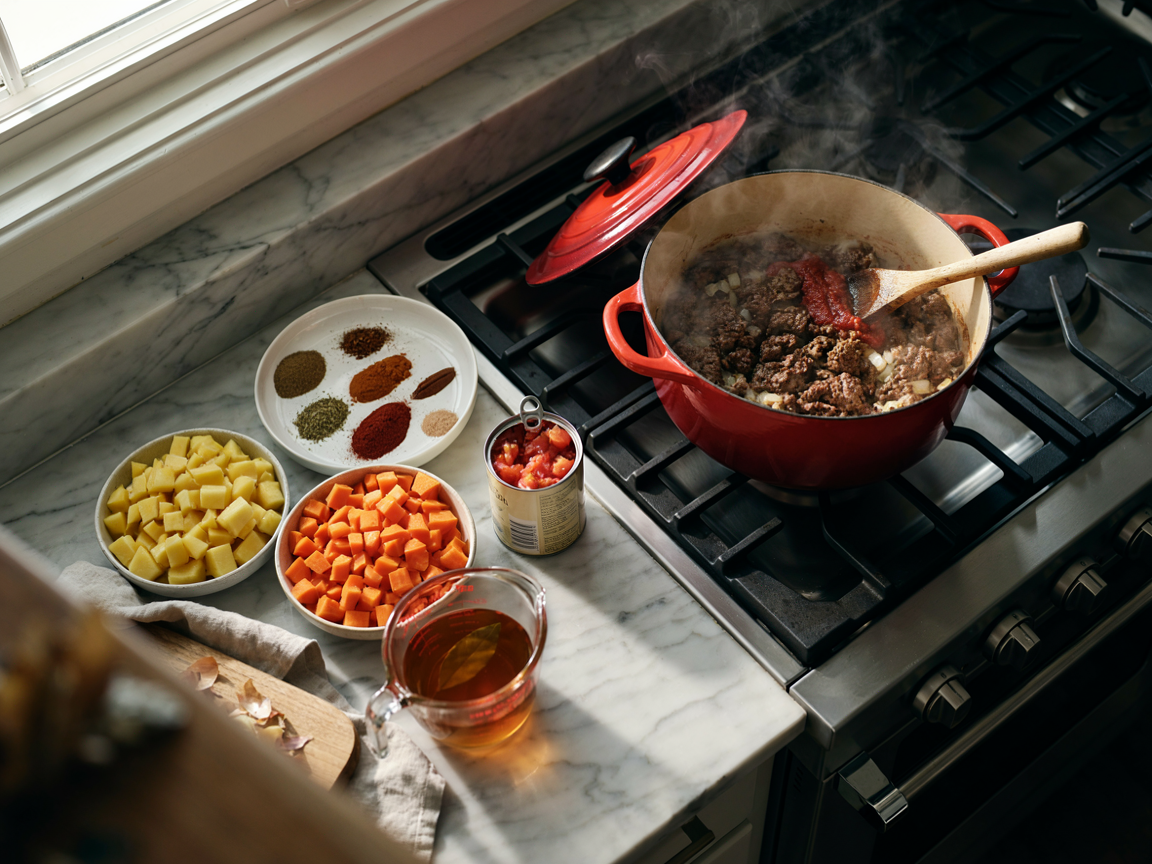 Making picadillo: a Dutch oven on the stove with deeply browned ground beef and softened white onion, dark red tomato paste being stirred in with a wooden spoon, a small bowl of cumin, oregano, paprika and cinnamon, bowls of diced potato and carrot, a can of diced tomatoes and a measuring cup of broth on a marble counter