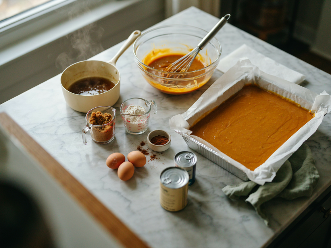 Making brown butter pumpkin bars: a light saucepan of golden browned butter with dark specks, a glass bowl of orange pumpkin batter being whisked, a 9x13 pan lined with parchment with the thick batter spread smooth, measuring cups of brown sugar and flour, a small bowl of pumpkin pie spice and two eggs on a marble counter