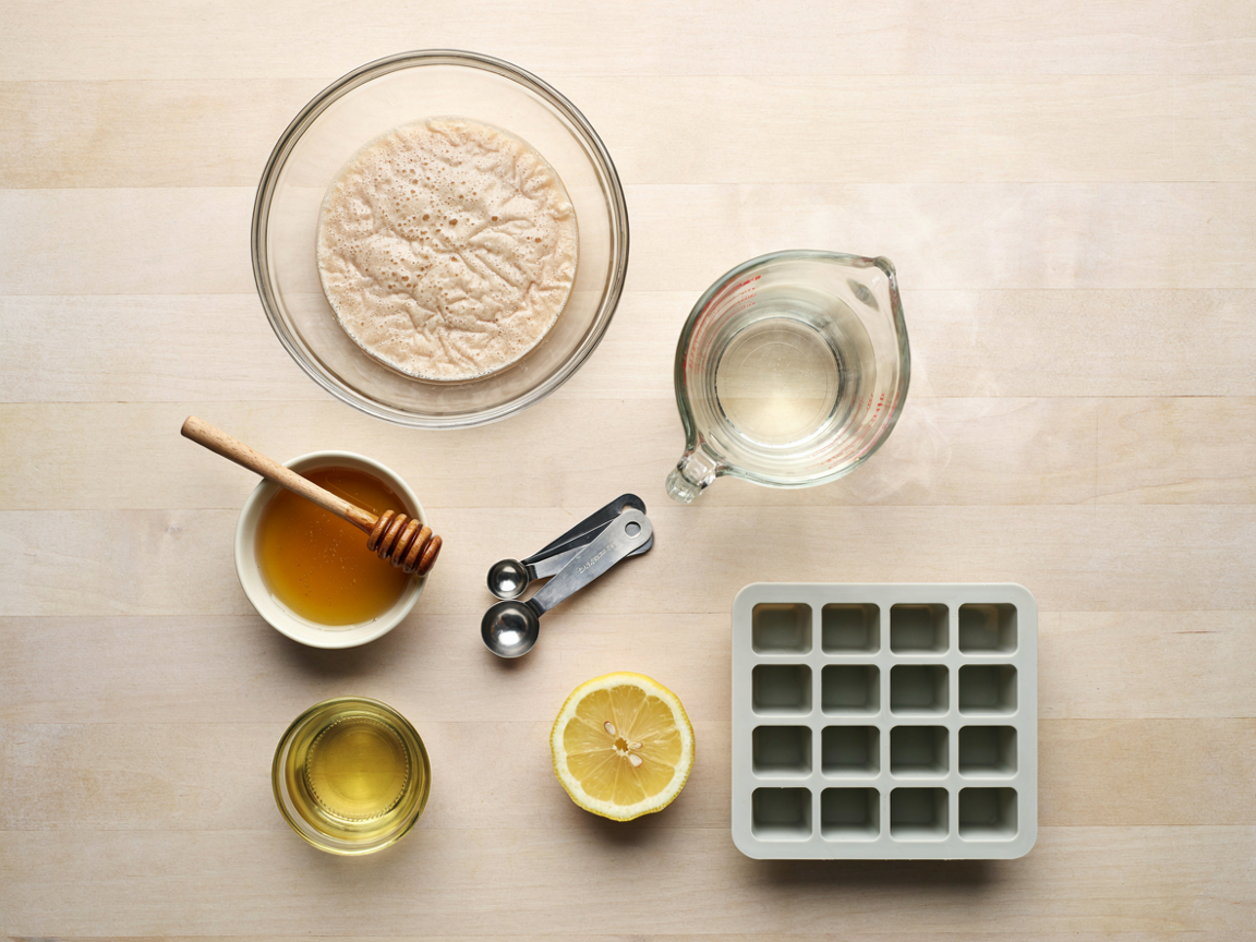 Flat lay on white marble: a glass bowl of bloomed gelatin, a jug of steaming hot water, a small glass of fresh lemon juice, a jar of honey, an empty silicone ice cube tray and measuring spoons, soft daylight
