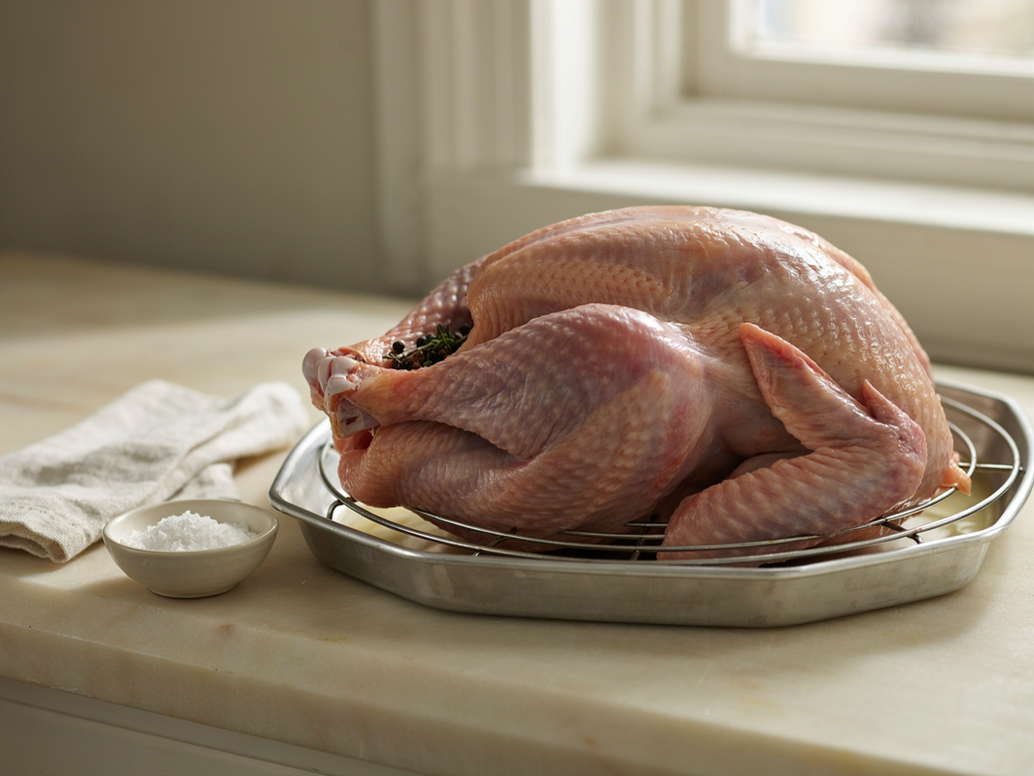 Close-up of a brined raw turkey on a wire rack over a sheet pan in the refrigerator, skin patted dry and taut, a few peppercorns and a sprig of thyme still clinging, soft cool light