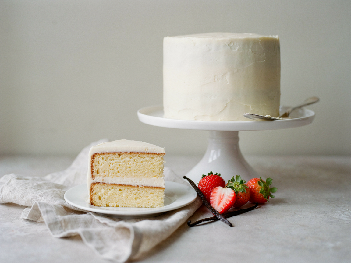 Two-layer sugar free vanilla cake with white vanilla buttercream on a cake stand, with a slice on a plate, fresh strawberries and vanilla beans