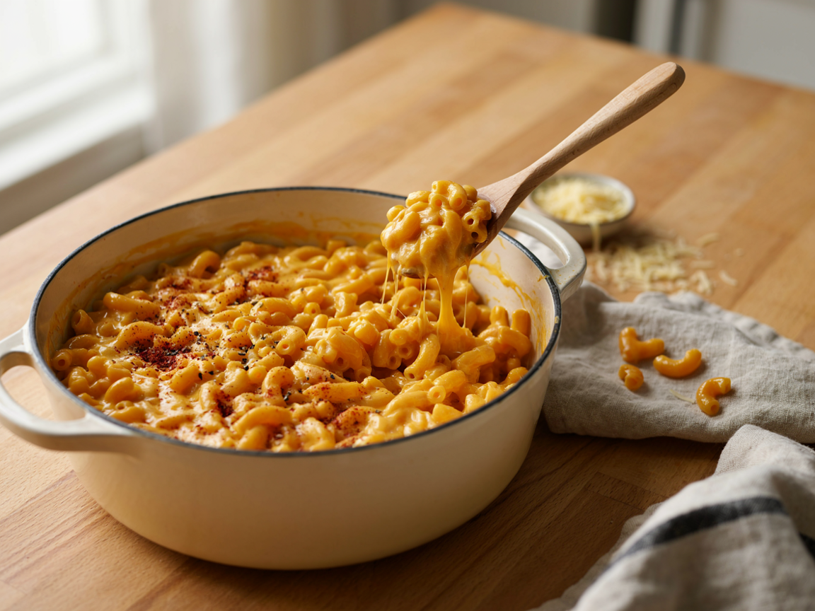 Creamy stovetop mac and cheese without milk in a cream enameled pot, dusted with smoked paprika