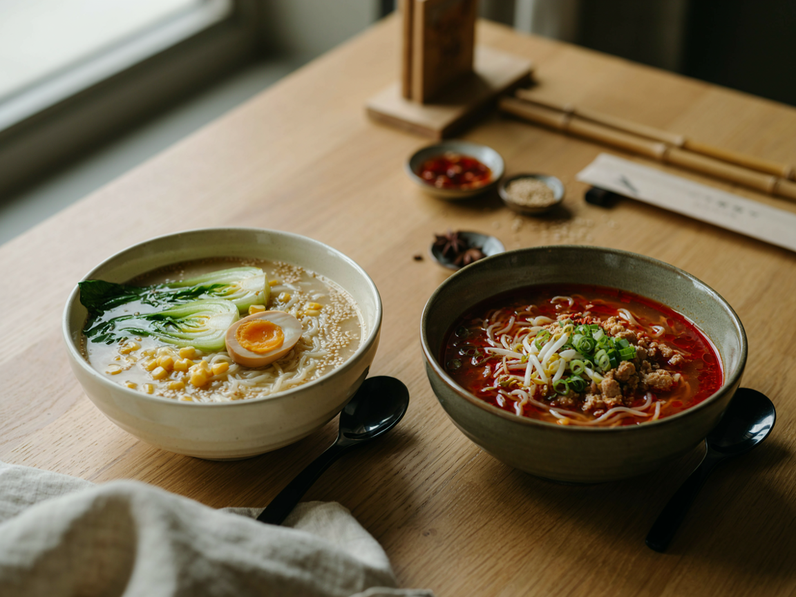 Two bowls of miso ramen: creamy sesame miso broth and spicy red miso broth with chili oil