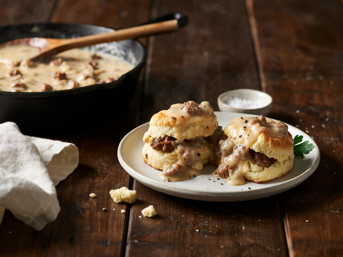 Two split buttermilk biscuits covered in creamy sausage gravy with cracked black pepper, and a cast iron skillet of gravy behind
