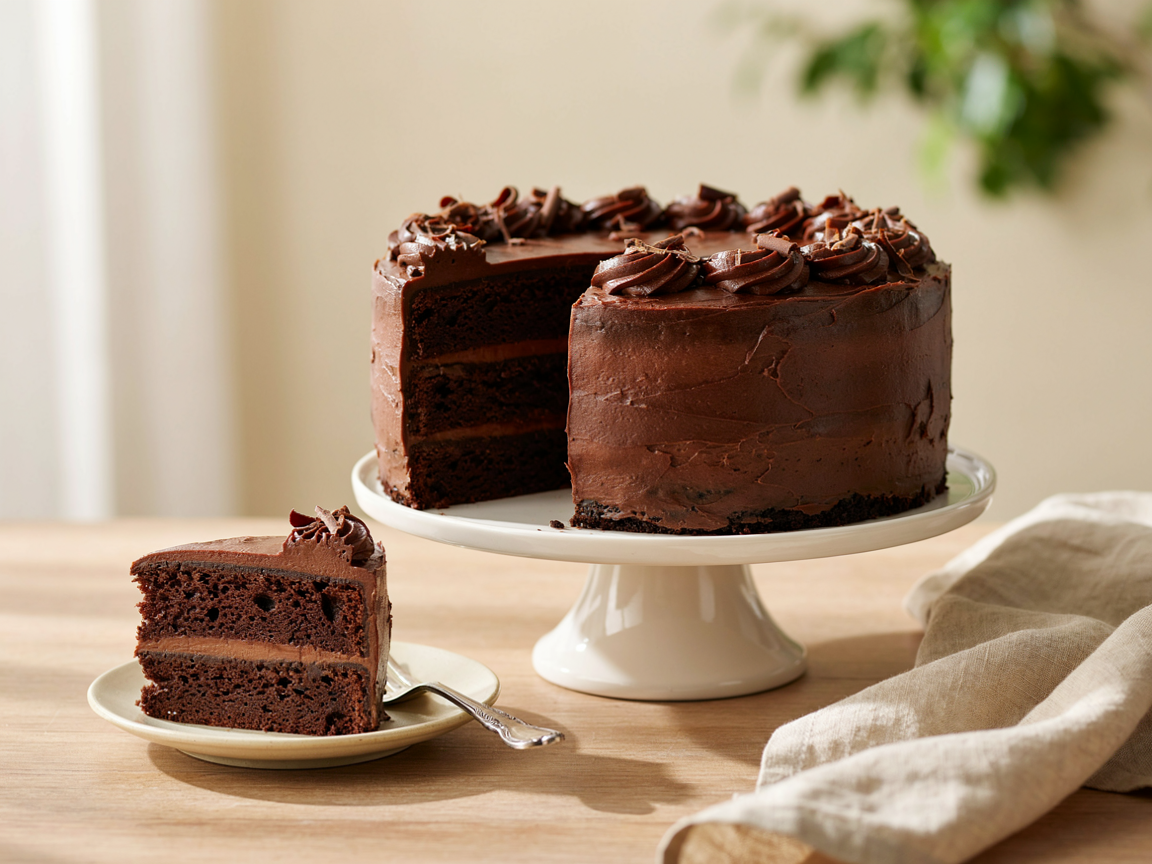 Two-layer sugar free chocolate cake with thick chocolate frosting on a white cake stand, with one slice on a plate in front