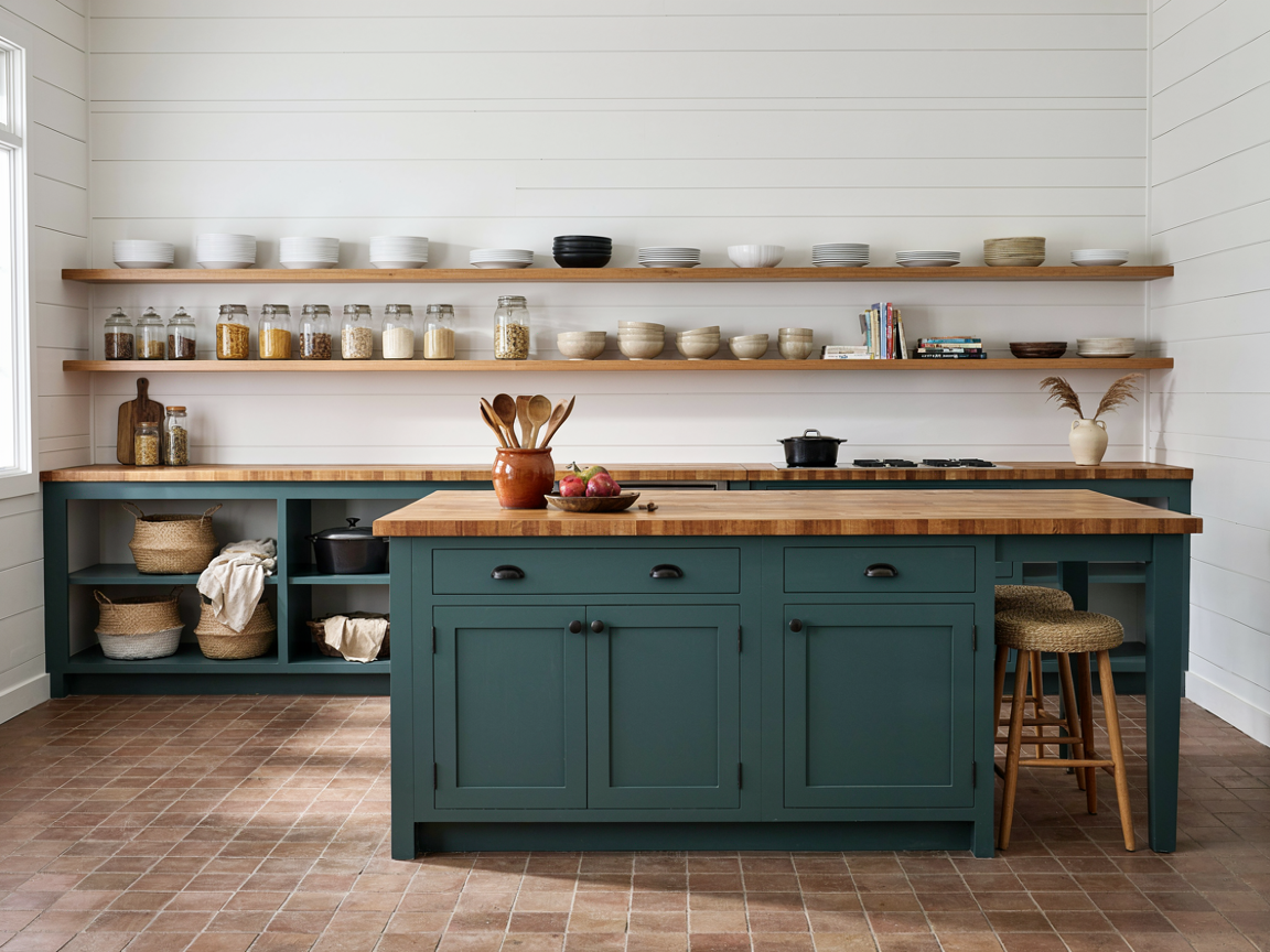 Modern farmhouse kitchen with no wall cabinets, two long oak floating shelves holding plates and glass storage jars, open base shelving with woven baskets and a dark green freestanding island
