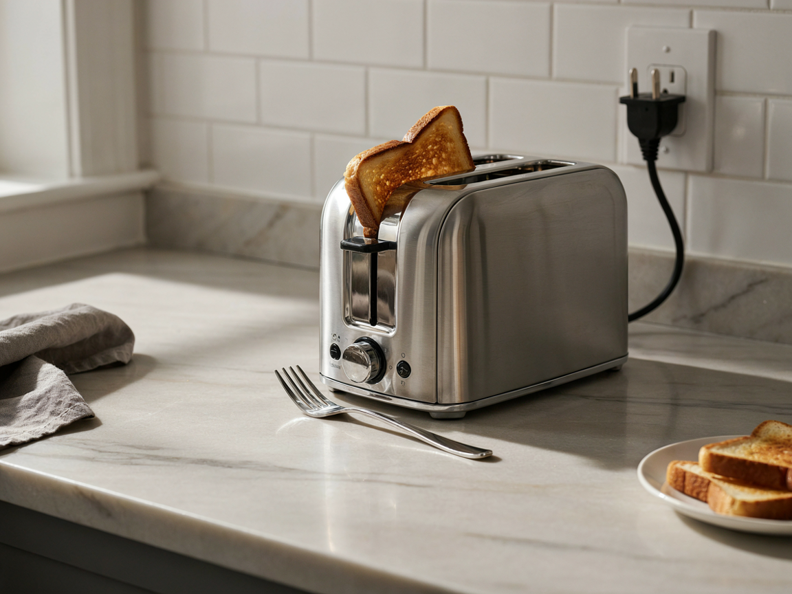 Stainless steel toaster on a marble counter with a slice of toast stuck partway up, a fork lying on the counter and the plug pulled out of the wall socket