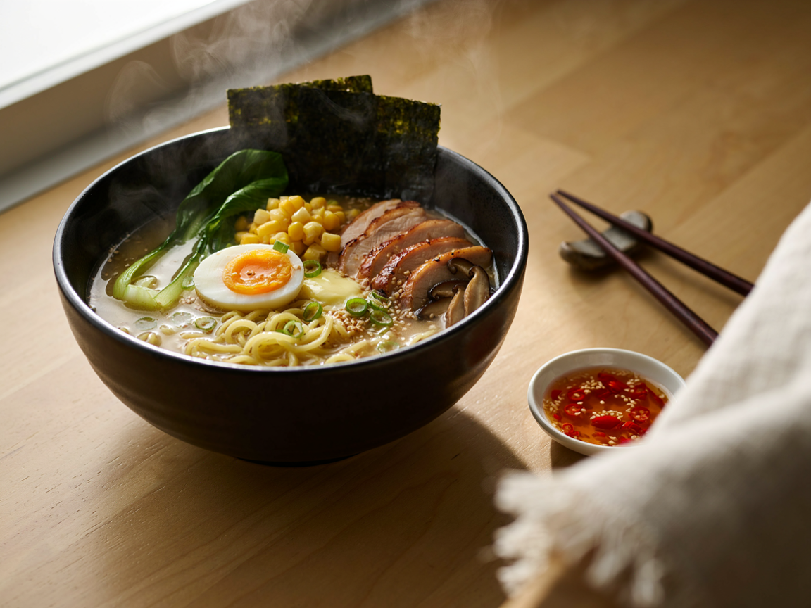 Bowl of miso ramen with golden miso broth, wavy noodles, soft-boiled egg, chicken, corn, butter, bok choy and green onion