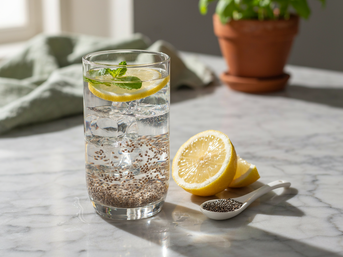 A tall glass of chia seeds and lemon water with soaked chia seeds, lemon slices, mint and ice on a marble counter
