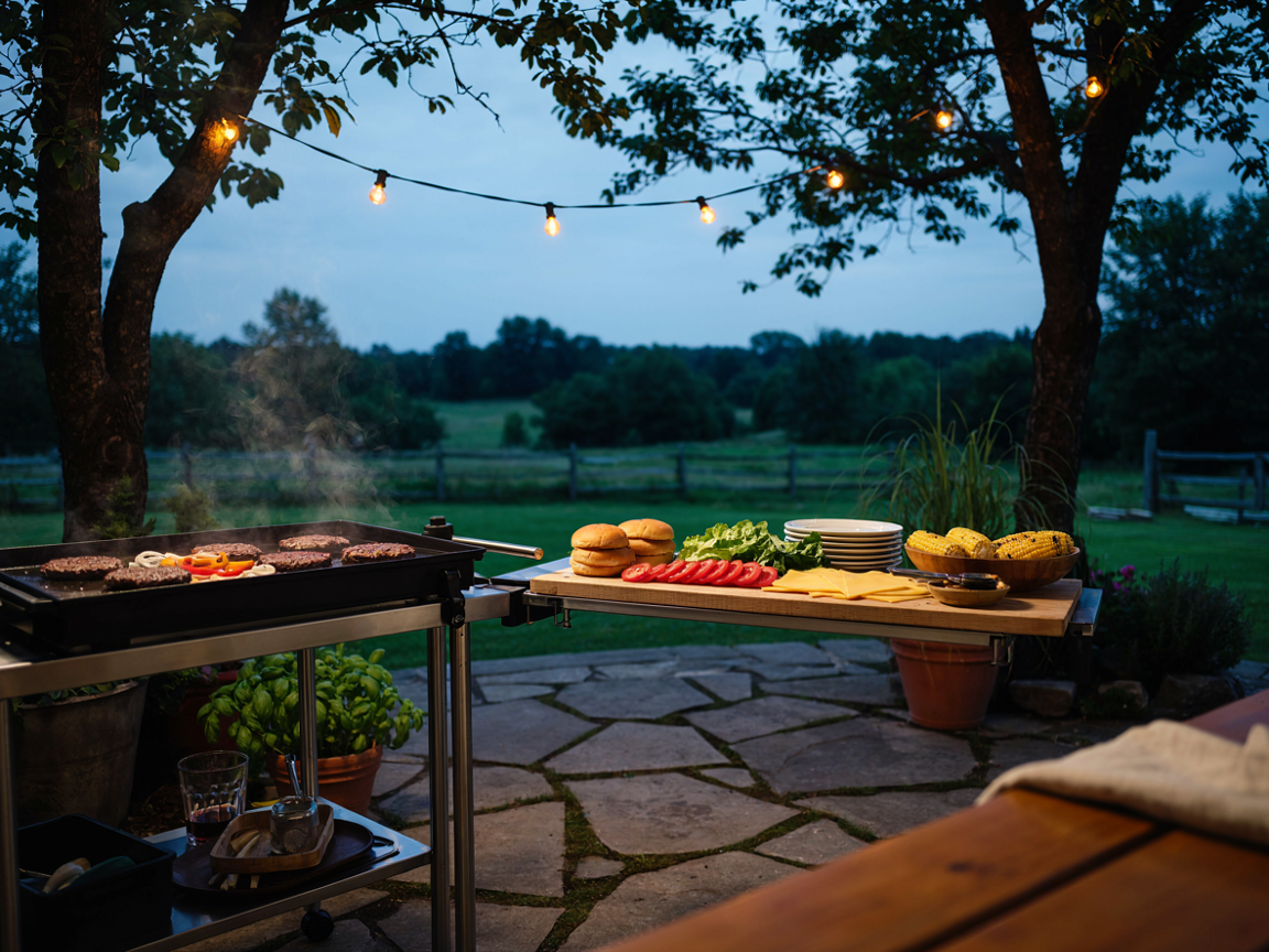 An evening cookout: a black flat-top griddle on its cart with smash burgers and sliced peppers sizzling, a wooden prep table beside it set with burger buns, sliced tomato, lettuce and cheese, string lights glowing in the trees