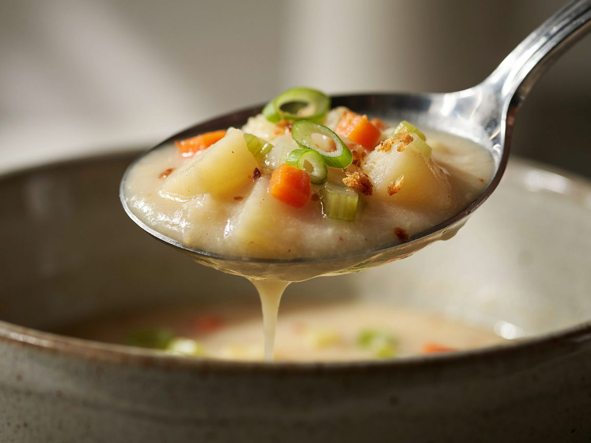 Extreme close-up of a spoonful of creamy potato soup lifted above the bowl, thick and velvety with soft potato chunks and tiny pieces of carrot and celery, green onion slices and crispy bits on top, soft directional light, shallow depth of field