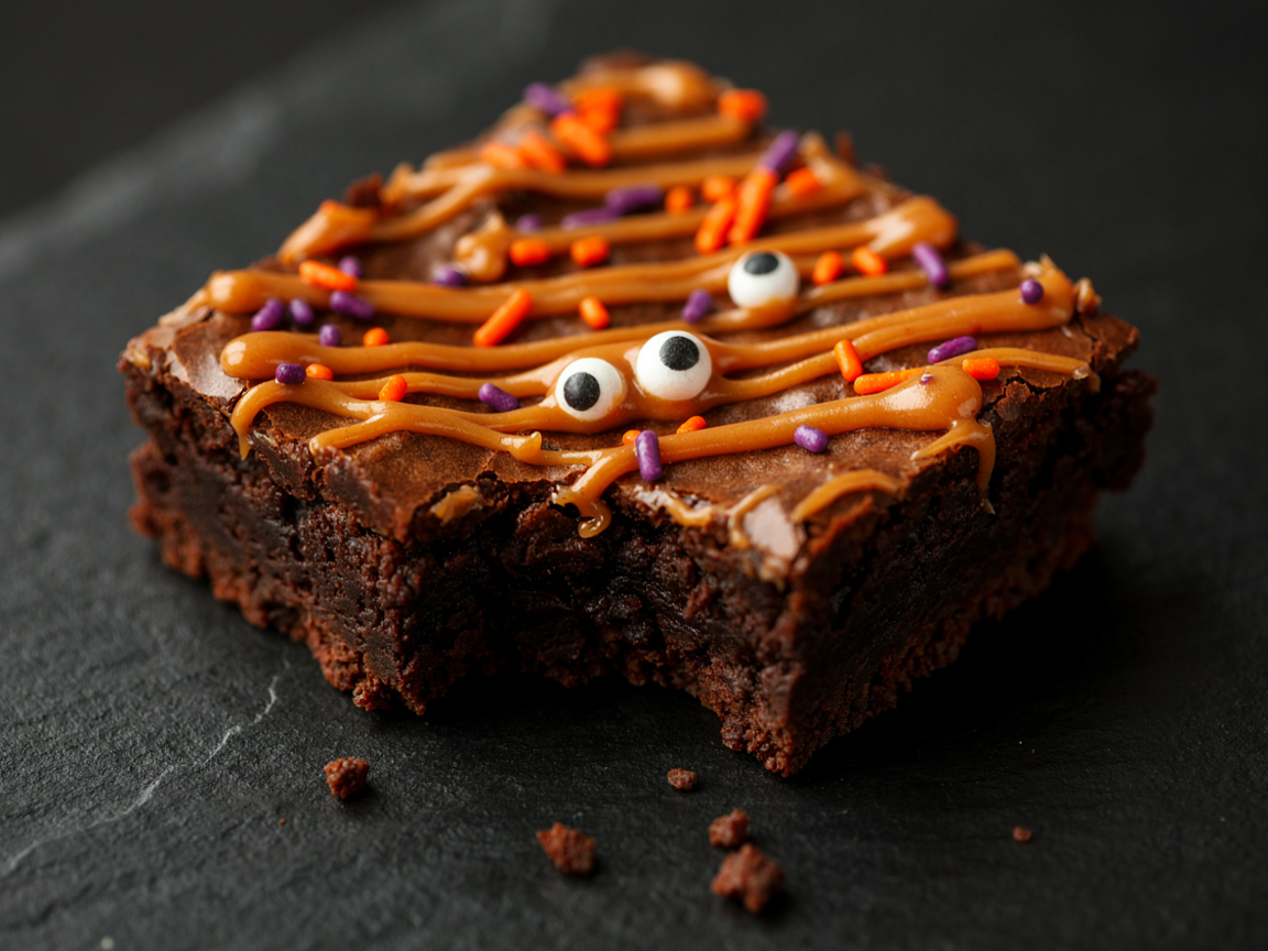 Extreme close-up of a single fudgy brownie bite on a black slate surface, an orange candy-melt zigzag drizzle on top with three mismatched candy eyeballs of different sizes pressed into it, a few purple and orange sprinkles, one corner bitten to show the dense dark fudgy crumb, soft directional light, shallow depth of field