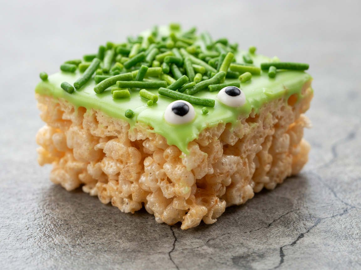 Extreme close-up of one monster crispy rice cereal treat: the top third coated in lime-green candy and thickly covered in green long sprinkles like hair, two candy eyes of different sizes, the puffed rice texture visible below, grey stone background, soft light, shallow depth of field