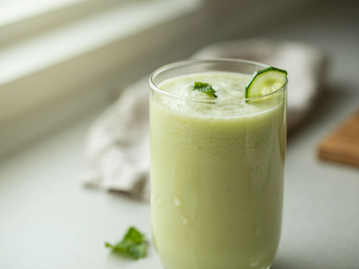 Extreme close-up of a glass of pale-green cucumber smoothie, a layer of fine foam on top with a few flecks of mint, condensation beading on the cold glass, a cucumber coin on the rim, soft directional light, shallow depth of field
