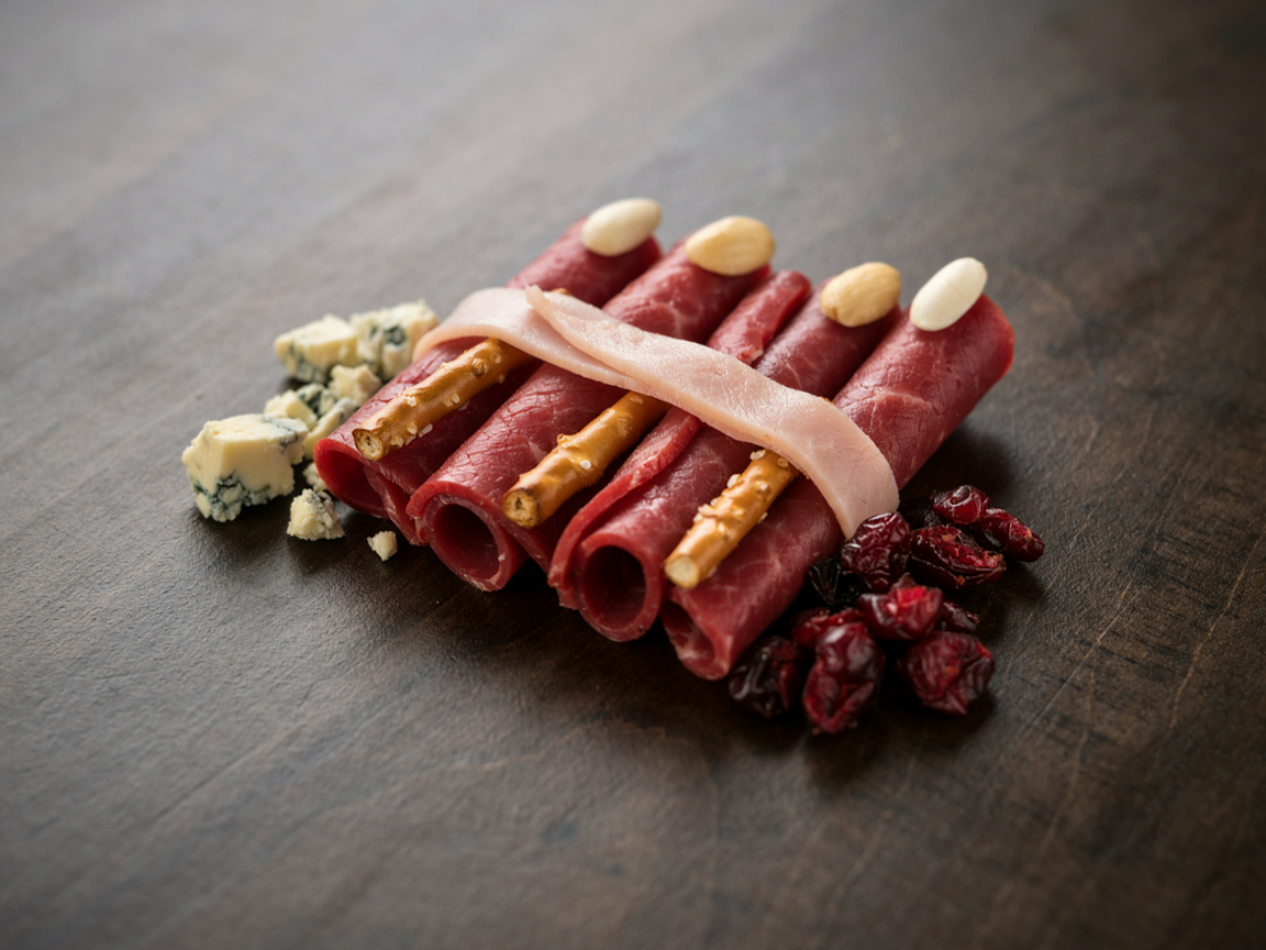 Extreme close-up of the fingertips of a hand-shaped arrangement of rolled deep red bresaola slices with white almond fingernails, a pale turkey strip draped across like a bandage, short pretzel-stick knuckle pieces, blue cheese crumbles and dried cranberries beside them, soft directional light, shallow depth of field
