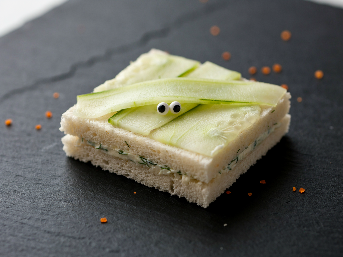 Extreme close-up of one mummy cucumber tea sandwich: thin translucent pale-green cucumber ribbons crossing soft white bread like bandages, herbed cream cheese flecked with dill and chives at the cut edge, two candy eyes peeking out between the ribbons, a few tiny orange sprinkles on black slate, shallow depth of field